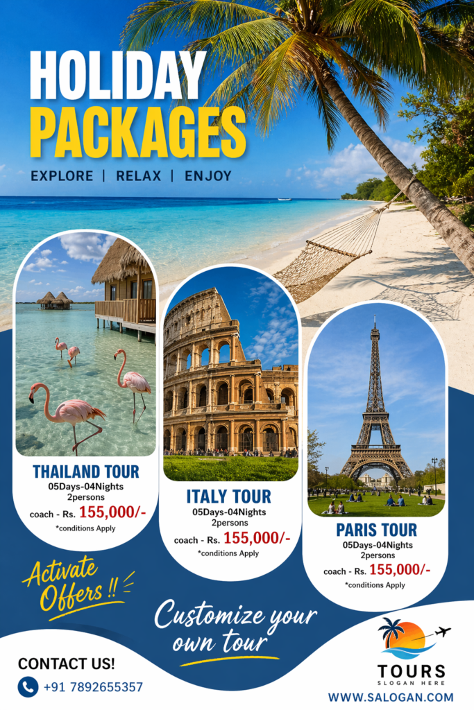 Holiday travel packages poster featuring Thailand, Italy Colosseum and Eiffel Tower tour design