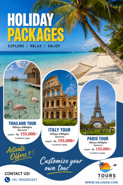 Holiday travel packages poster featuring Thailand, Italy Colosseum and Eiffel Tower tour design