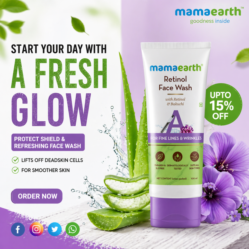skincare product advertisement design with retinol face wash aloe vera and glowing skin concept
