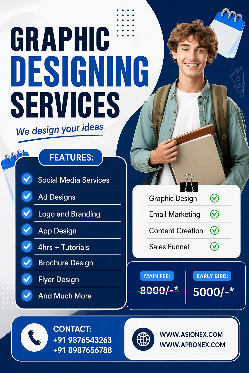 graphic designing services poster with social media marketing branding and pricing offer design