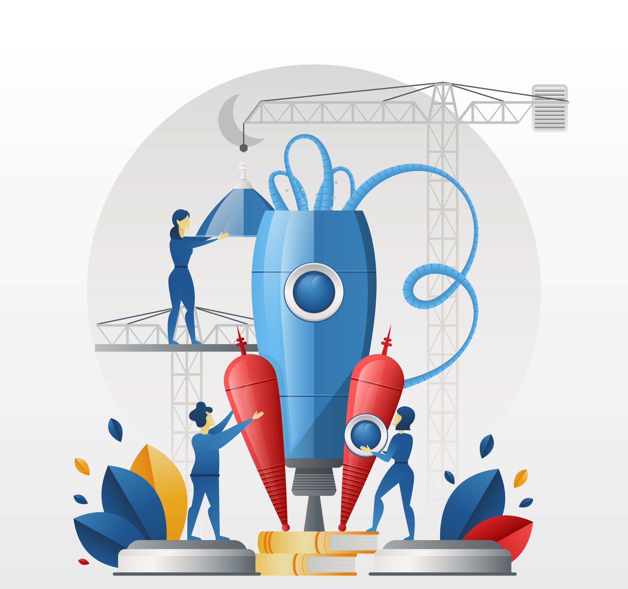 Futuristic rocket being assembled by engineers with crane and tools, symbolizing startup launch and innovation