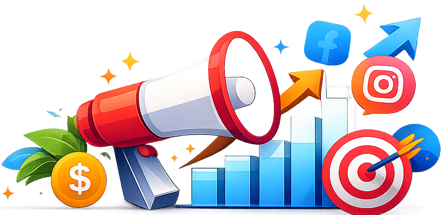 Digital marketing illustration with megaphone, social media icons, growth chart, and target symbol representing online advertising and SEO.