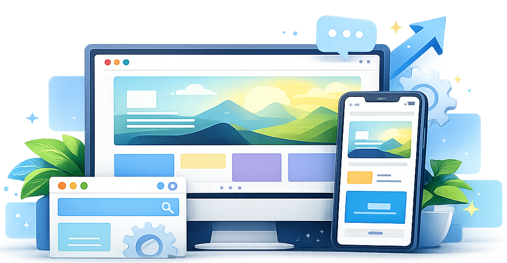 Responsive website design illustration showing desktop and mobile UI screens with SEO and digital growth elements.