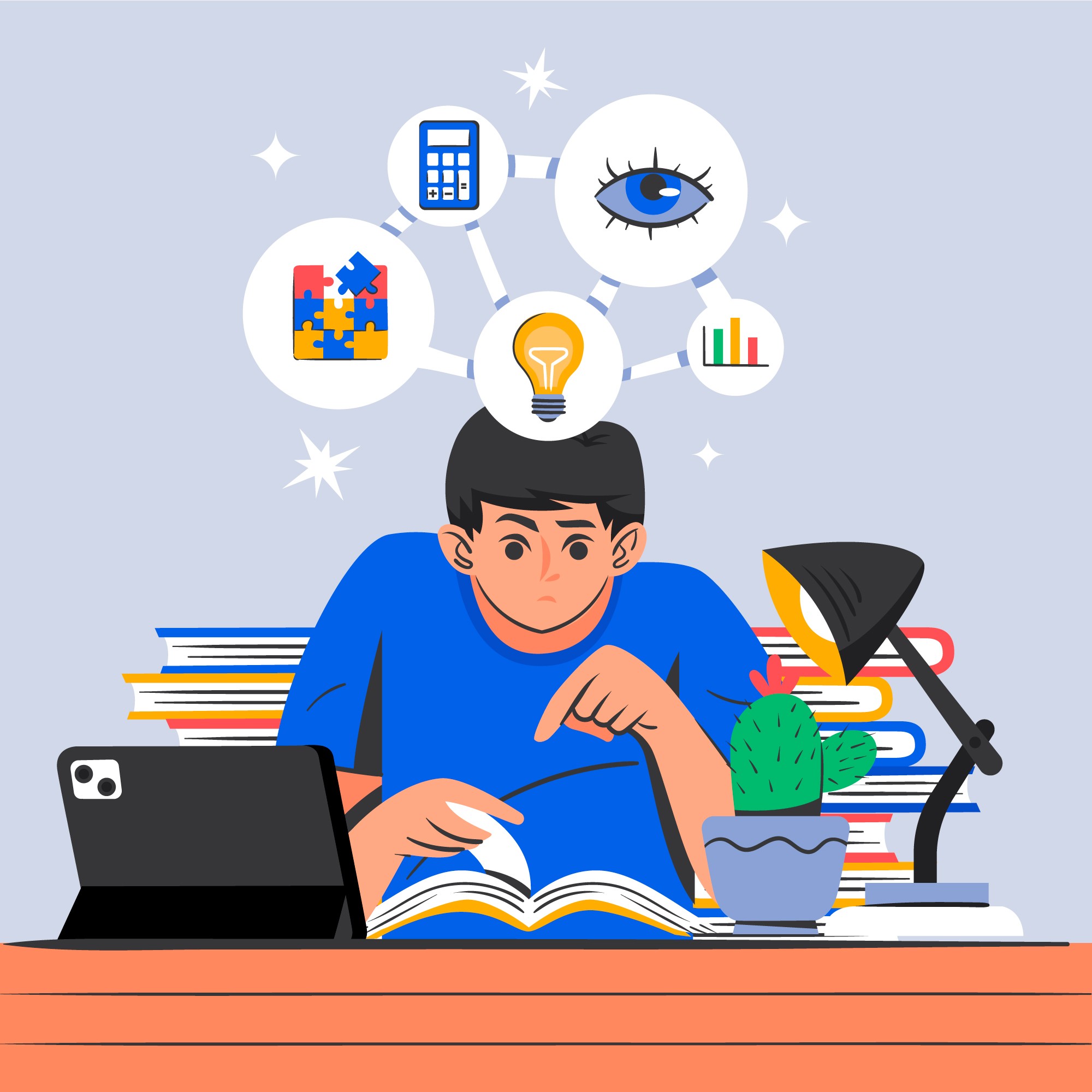 Student studying with books, tablet, and learning icons representing online education and self-learning.
