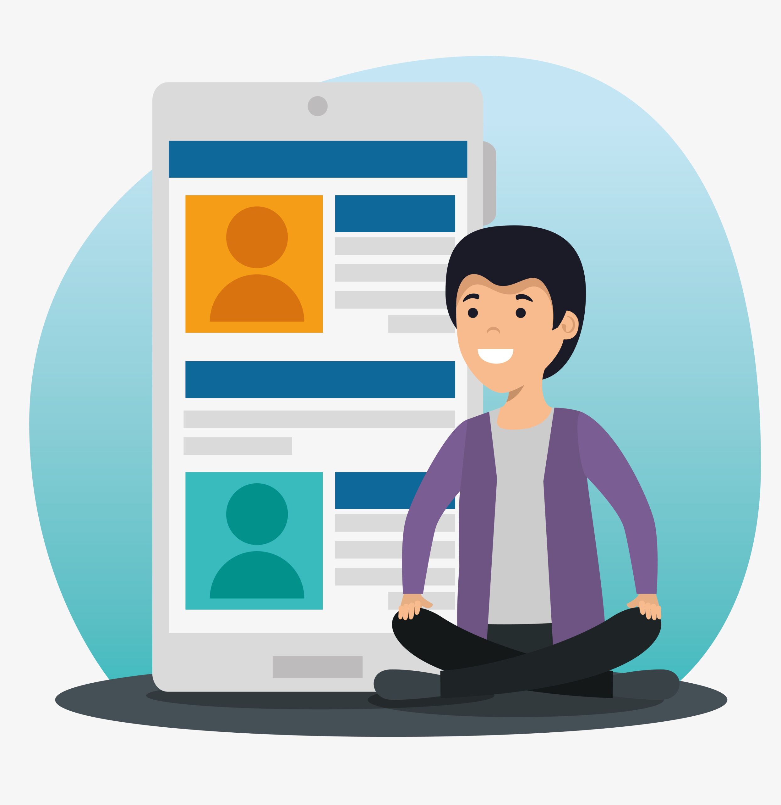 Illustration of a person sitting beside a smartphone displaying a social media profile interface