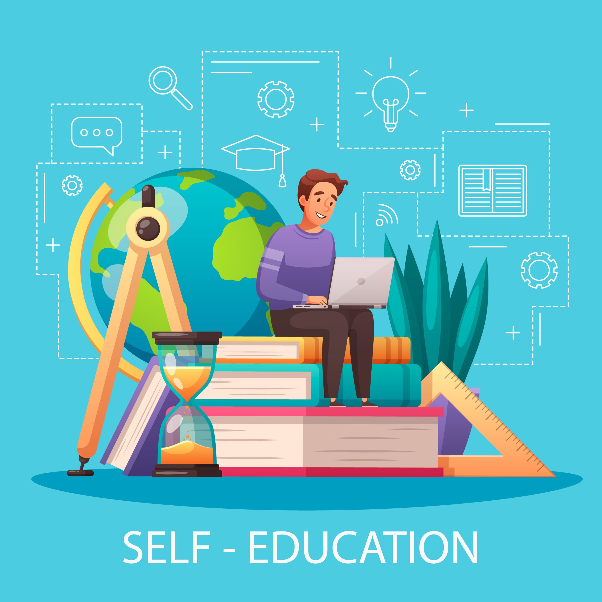 Self-education concept illustration with student using laptop sitting on books near globe and study tools.